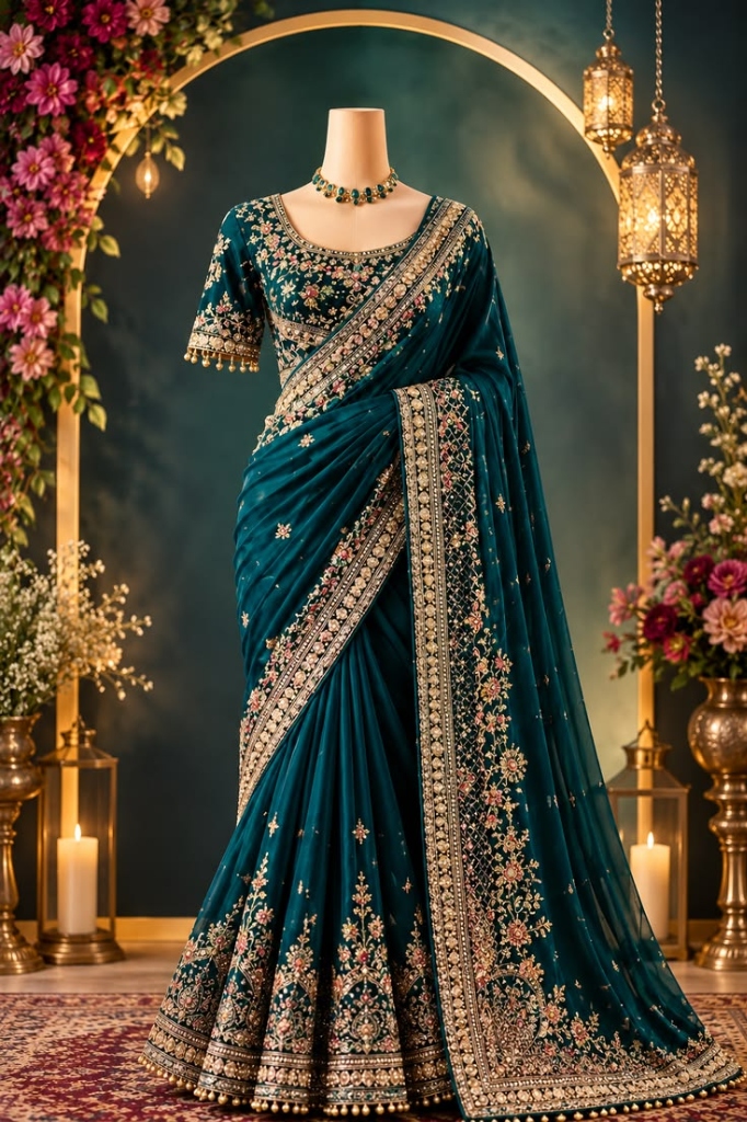 Mayura Emerald Teal Zardozi Saree